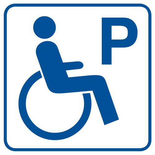 piktogram w kolorze niebieskim przedstawiający osobę na wózku inwalidzkim. W prawym, górnym rogu duża litera P 