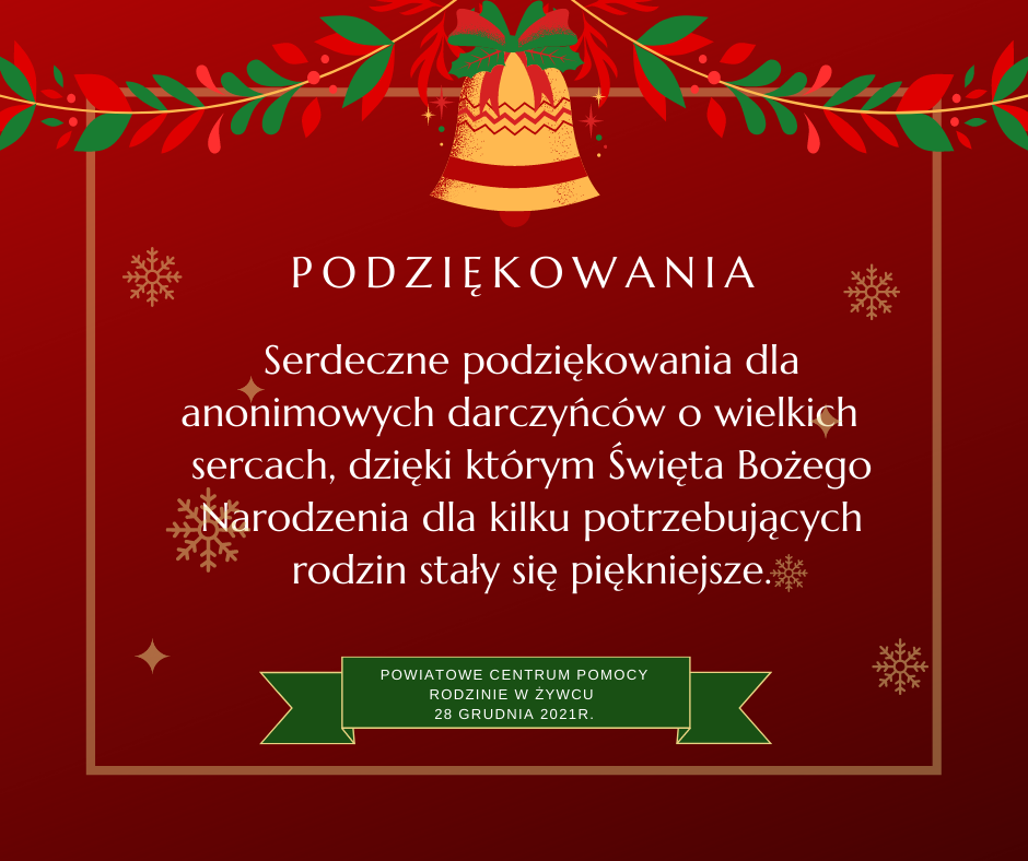 Podziękowania dla anonimowych darczyńców za dary dla potrzebujących rodzin. Czerwone tło, na nim gwiazdki, u góry świąteczny łańsóch i dzwonek